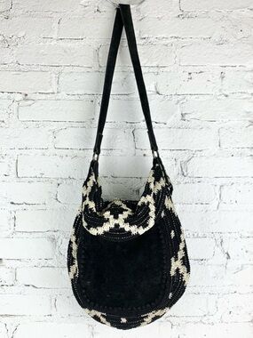 ANTHROPOLOGIE JASPER & JEERA Bohemian Crochet Leather Black Dauphine Hobo Purse